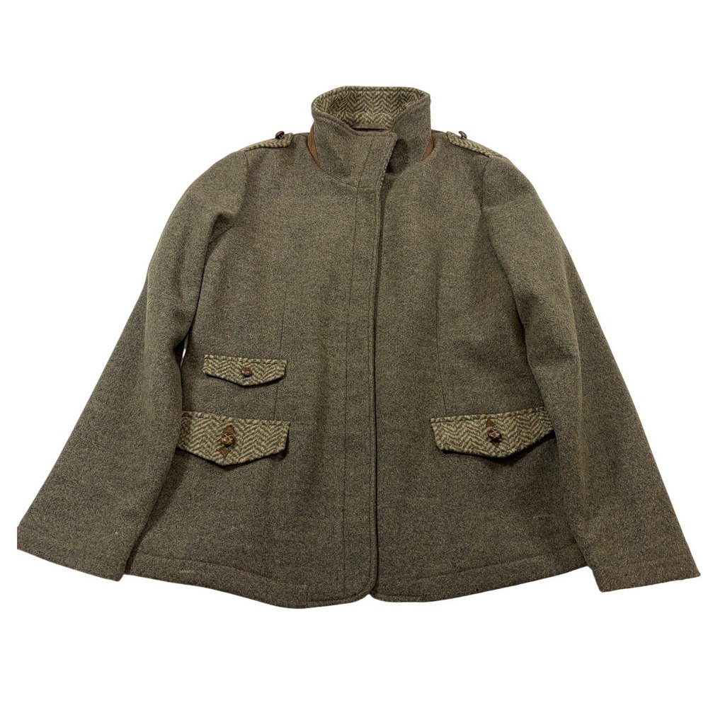 Orvis Womens Wool Blend Field Jacket Olive Green Tweed Elbow Patches Size Large